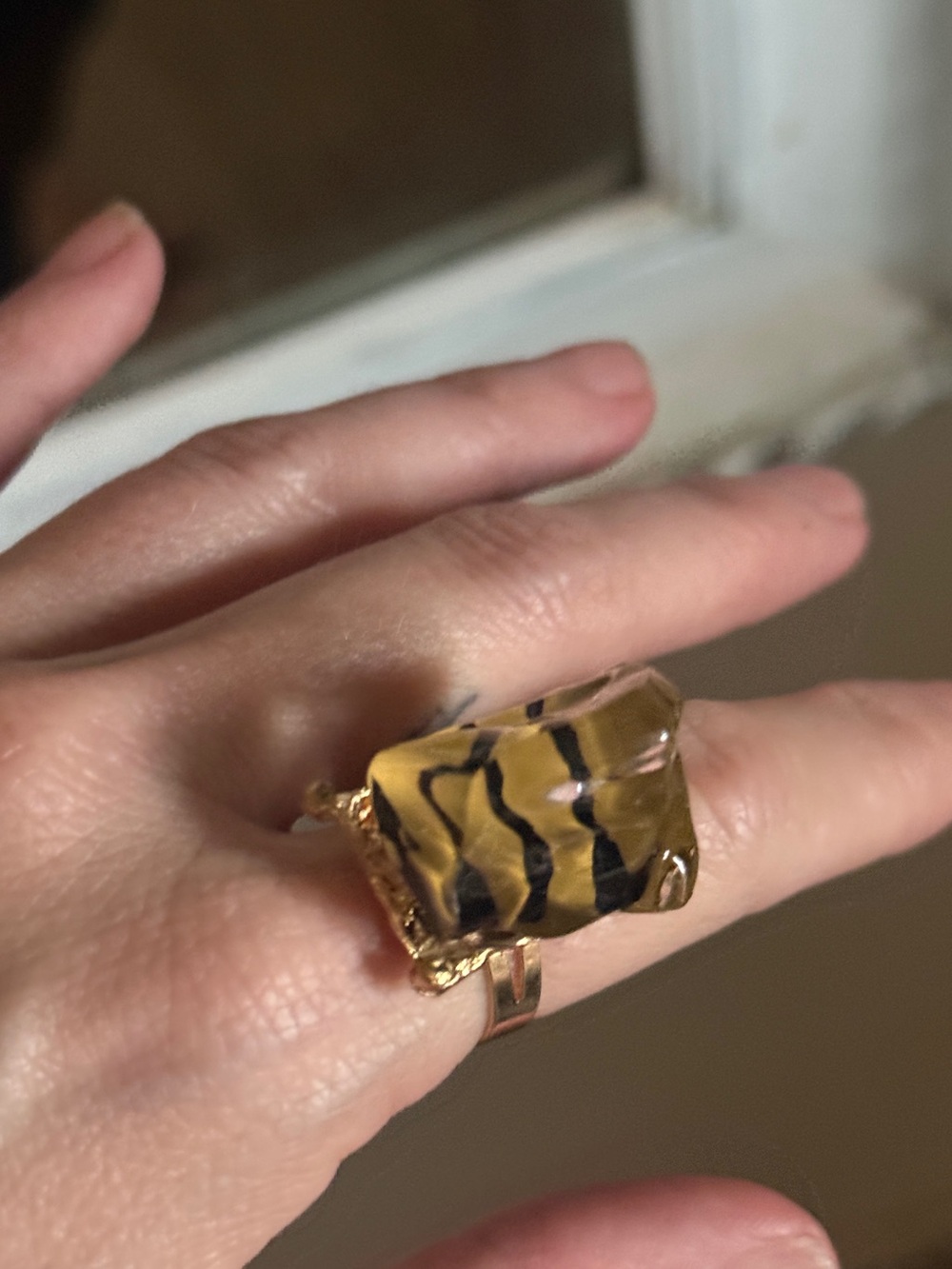 Vintage statement acrylic Gold Cocktail Ring with Clear Resin Leopard Accent